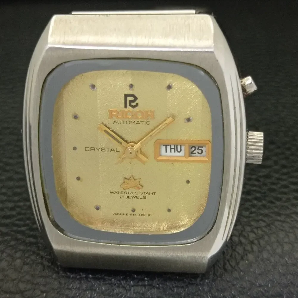 Vintage 1997 Square Ricoh Automatic Mens Silver Watch W/daydate & Gold accents